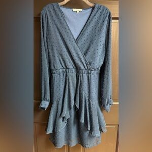 Aooksmery Turquoise Chiffon Polka Dot Tier Ruffle Dress Long Sleeve Women’s Sz L